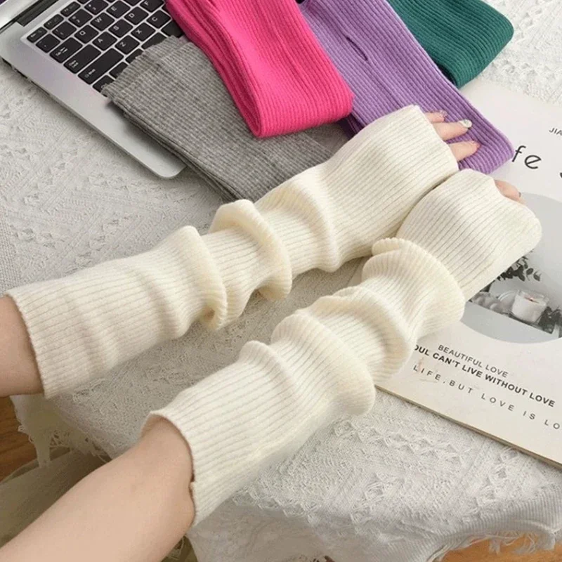 Knitted Long Fingerless Gloves Women Mitten Winter Y2K Solid Arm Warmer Arm Sleeve Fashion Casual Soft Girls Clothes Punk Gloves