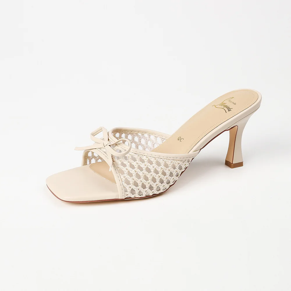 

CHMURY Retro Mesh Woven Fishing Net Low Heel Kitten Heeled Sandals Slippers Mules Shoes for Women White Beige 2025 Summer