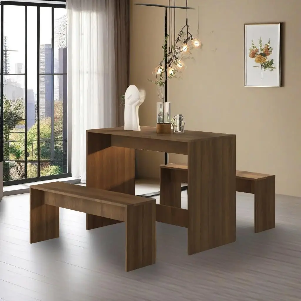 3-Piece Brown Oak Engineered Wood Dining Set - Stylish Table and Chairs for Home or Kitchen