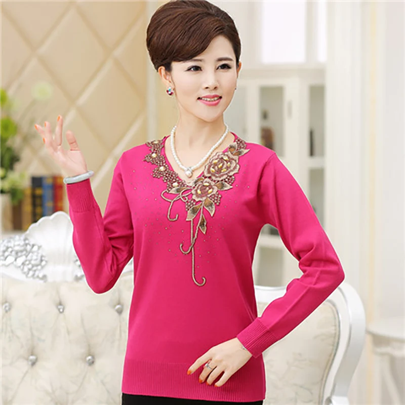 Elegant V-Neck Knitted Embroidery Beading Sweaters Women's Clothing 2023 Autumn Winter Loose Korean Pullovers Office Lady Tops