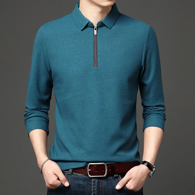 Zipper Collar Polo Shirt for Men Long Sleeve Autumn Solid T Shirt for Man Korean Style Loose Fit Clothing 2023 New Tops