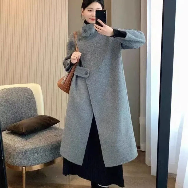 Women's 2026 Korean Sle Gentle Woolen Coat Autumn Winter Vintage Stand Collar Angle Button Design Sensation Outerwear