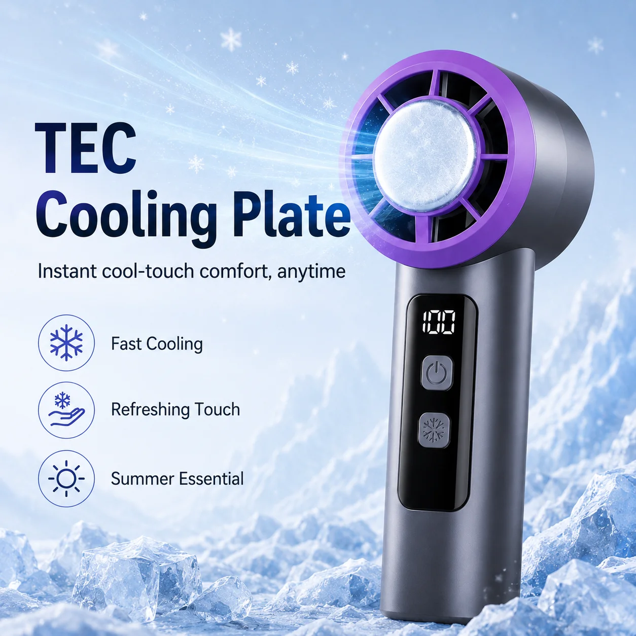 Portable Handheld Cooling Fan, TEC Cooling Plate, 100 Speed Levels, Brushless Motor, USB C Mini Fan for Office and Travel