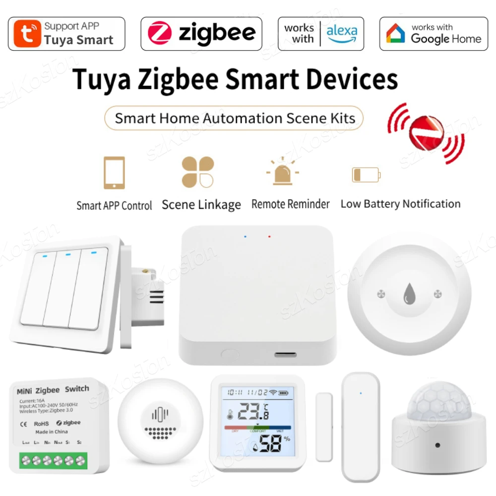 Tuya Smart Home ZigBee Automation Kits Wireless Gateway Hub Smart Switch Vibration Sensor Water Leak Detector for Alexa Google