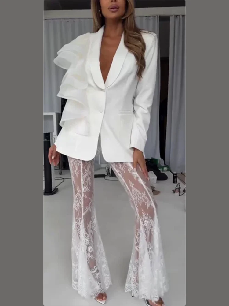 Women's Ivory Solid Notch Lapel Long Sleeve Blazer Sheer Ruffle Floral Lace Flare Pants New Evening Trendy Two Piece Suit Outfit