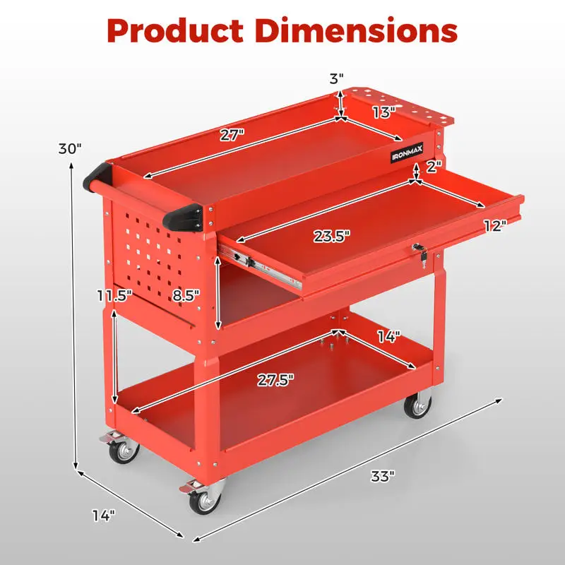 3-Tier Rolling Tool Cart With Lockable Drawer, Sturdy Steel Frame Anti-Rust Coated Surface, High Load Capacity Movable Storage For Garage Workshop, Red