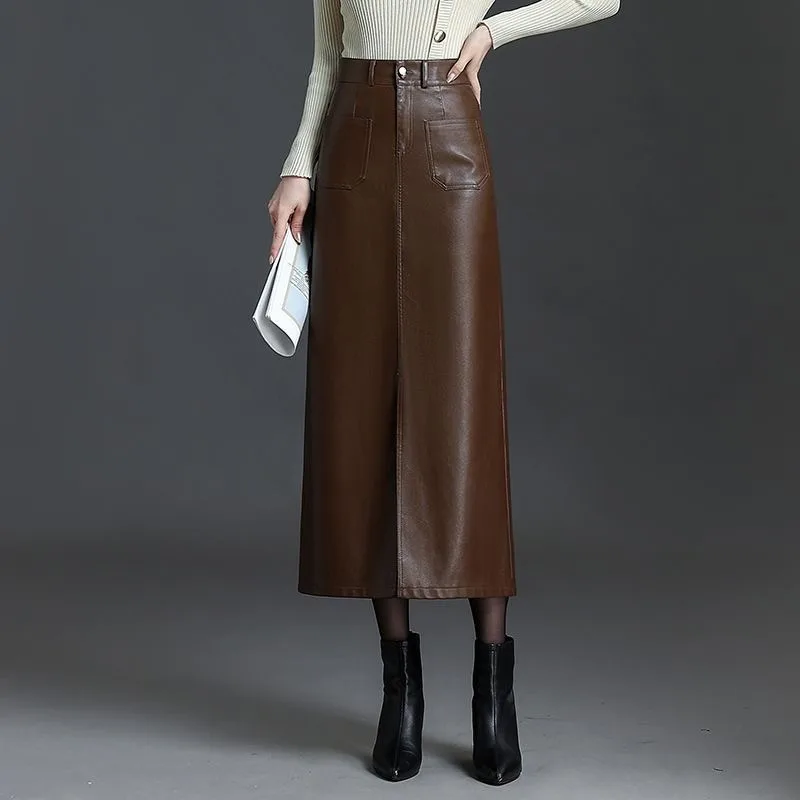 Women Autumn Winter PU Leather Long Skirt High Waist Front Slit Straight Loose Casual Skirt