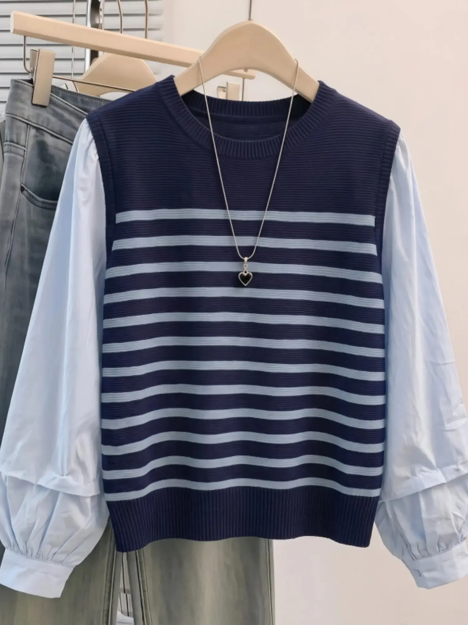 Slimming Casual Stripe Long Sleeve round Neck T-Shirt Shirt Patchwork Color Block Autumn Top Women's Loose Fit Knitted Sweater