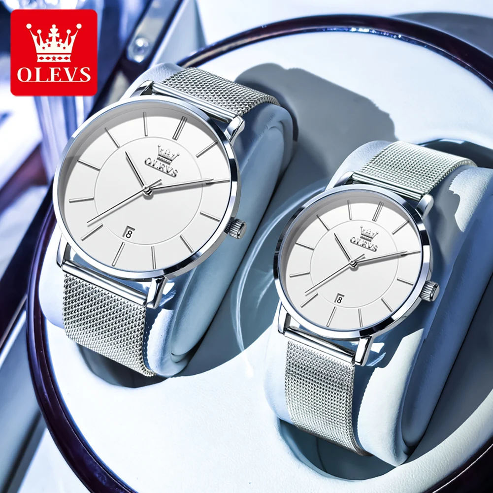 Olevs marca nova moda ultra-fino quartzo casal relógios pulseira de malha de aço inoxidável data automática relógio à prova dwaterproof água para homens