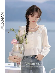 ALXNAN Long Sleeve Blouse for Women 2024 Spring New Button Up Shirts Office Lady French Square Neck Sweet Ruffled Tops L33720