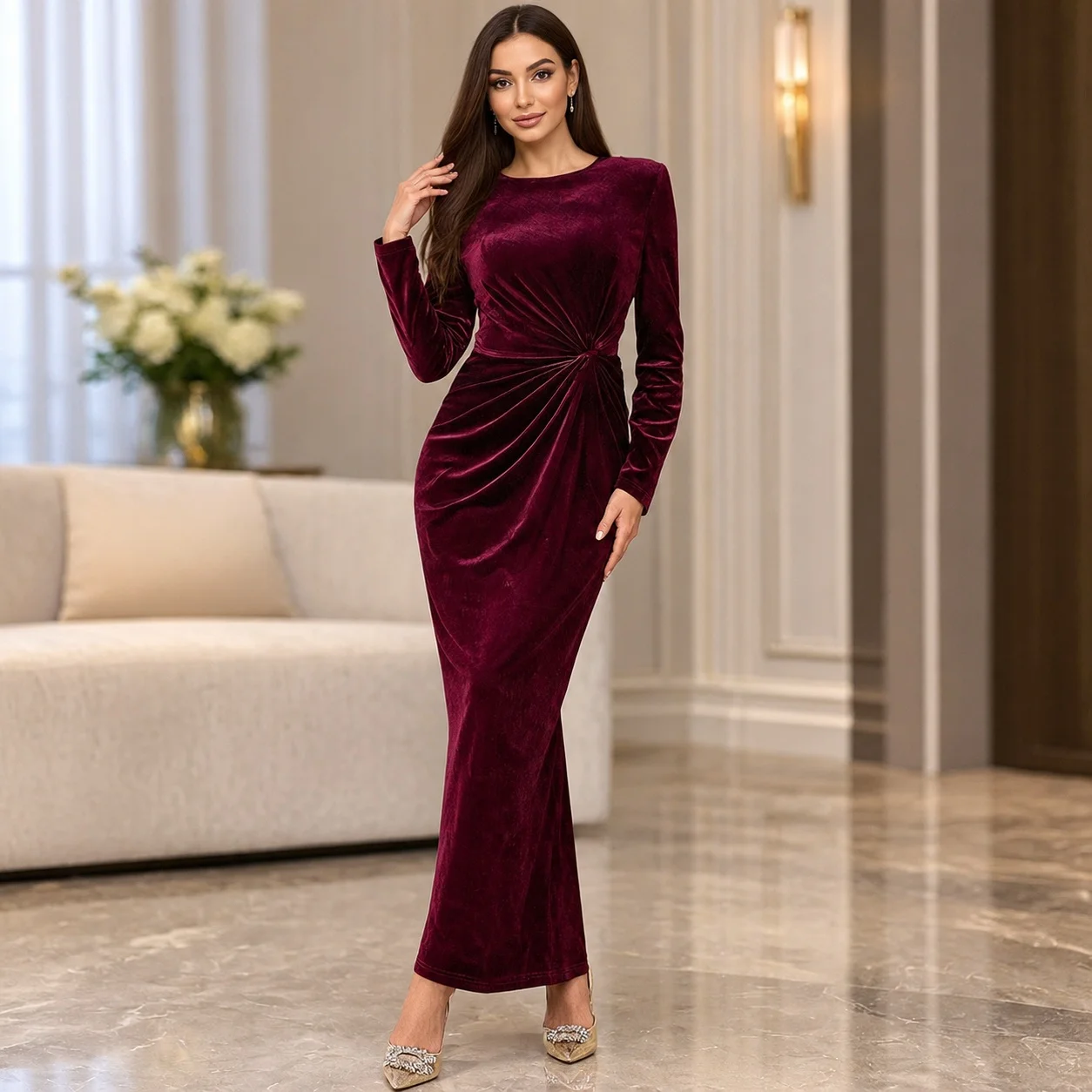 Round Neck Long Sleeve Gown Bodycon Elegant with Slim Fit Mid Rise Regular Sleeve Bodycon Silhouette Long Dress Summer for Women