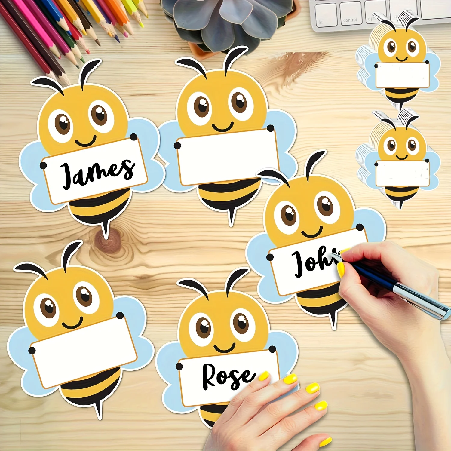 50pcs Cute Bee Paper Labels, with Durable Adhesive, for Classroom Bulletin Boards, Lockers And Desktop Name Tag Decoration