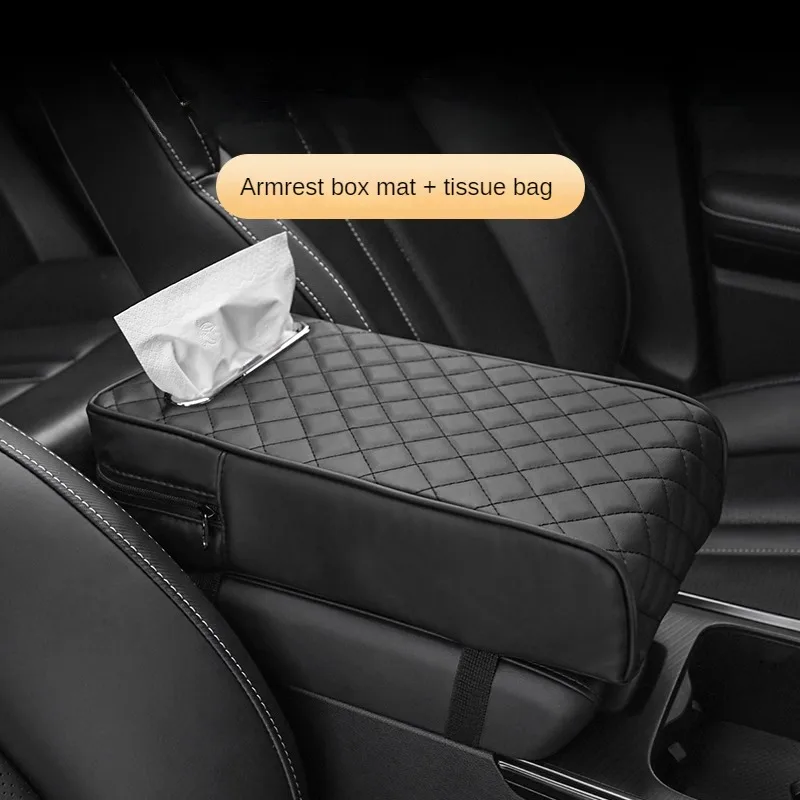 Car Armrest Cover Leather With Tissue Storage Memory Foam Height Pad Universal Auto Center Armrest Protective Cushion Support