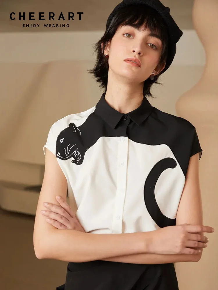 

CHEERART Embroidery Leopard White Sleeveless Shirt For Woman Summer Designer Top Button Up Shirt High Fashion Clothing