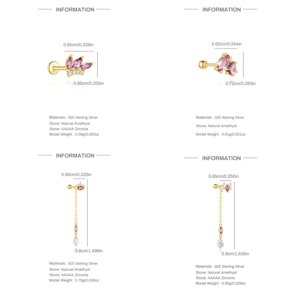 روكسي 925 فضة الأرجواني الجمشت الطبيعي ثقب القرط للنساء 1 قطعة شرابة قرط الاذن المرصع حفلة غرامة مجوهرات هدايا