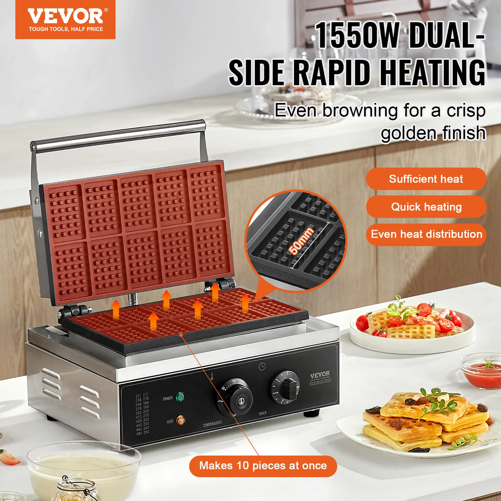 VEVOR Commercial Waffle Maker 10PCS Rectangle Waffle Baker Machine 1550W Non-Stick Stainless Steel Belgian Waffle Iron with Temp