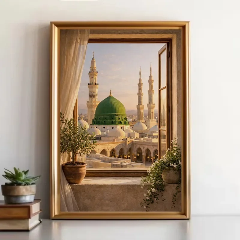 Frameless Canvas PaintingVintage Medina Dome Mecca Kaaba Window View Islamic Architecture Religious Poster Canvas Painting Wall