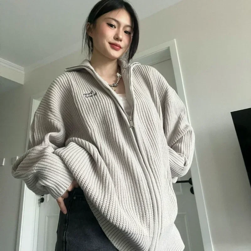 Deeptown Vintage Gray Sweater Women Korean Style Zipper Knit Cardigan Japanese Fashion Streetwear Oversized Knitwear Aesthetic