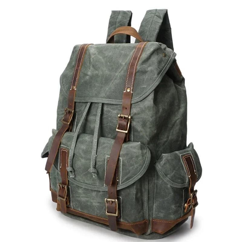 Vintage Oil Wax Canvas Backpack Men Leather Military Waterproof Travel Shoulder Bag High Quality school Bag Laptop Backpack