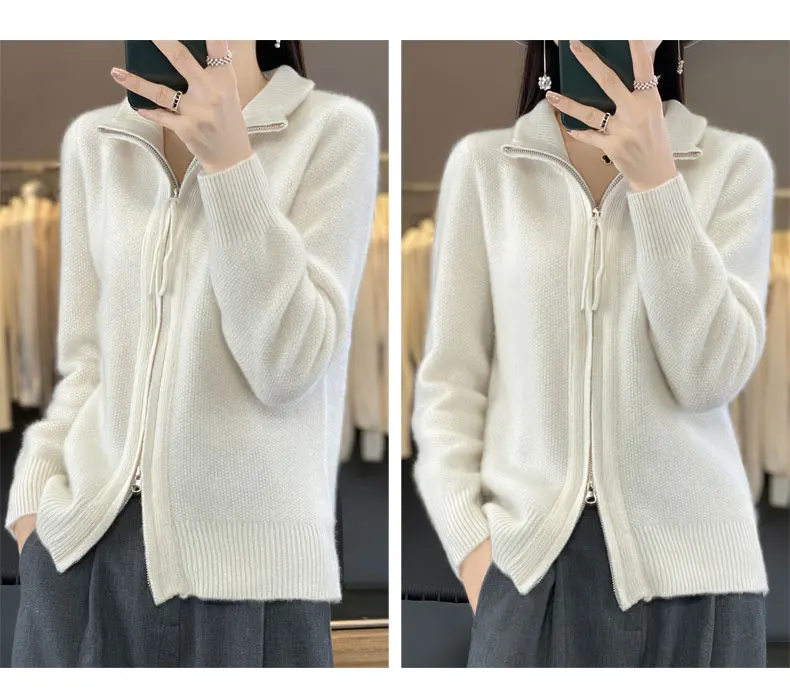 Autumn And Winter New Thick Two-Way Zipper Wool Cardigan Women's Loose Casual Sweater Solid Color Knitted Cashmere Coat