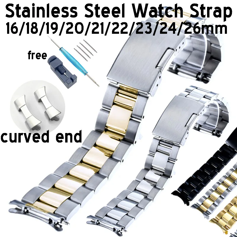 Luxury Curved Strap Solid Stainless Steel Watch Band 16 18 19 20 22 24 26mm Arc End Diving Wristband Belt Watch Accessories