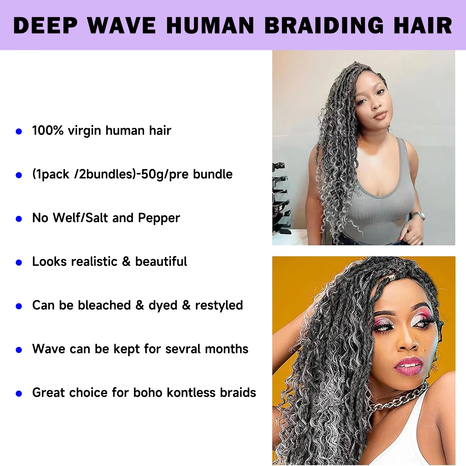 Ombre Grey Curly Human Hair Braiding For Boho Braids 14/16A Deep Wave Double Drawn Bulk Hair Extensions With Baby Hair 3 Bundles