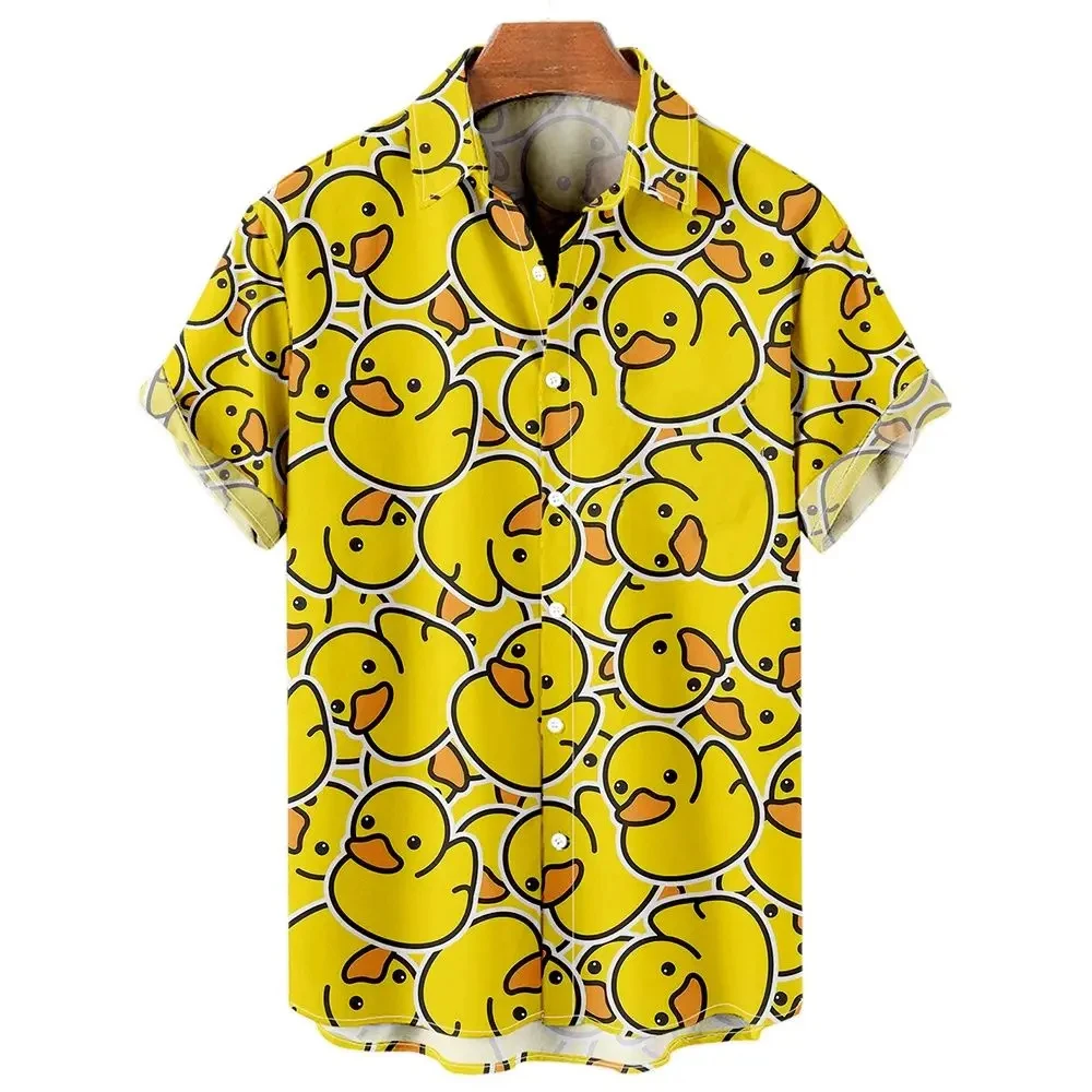 Camisa de manga corta con estampado 3d de pato para hombre, blusa informal de un solo pecho, solapa de tendencia, gran tamaño, moda de verano