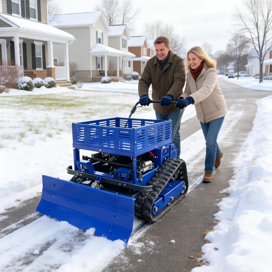 

Customized 4-Stroke All Terrain Lawn Mower Cordless Self Propelled Rotary Tracked Remote Control With Storage Rack Snow Shovel