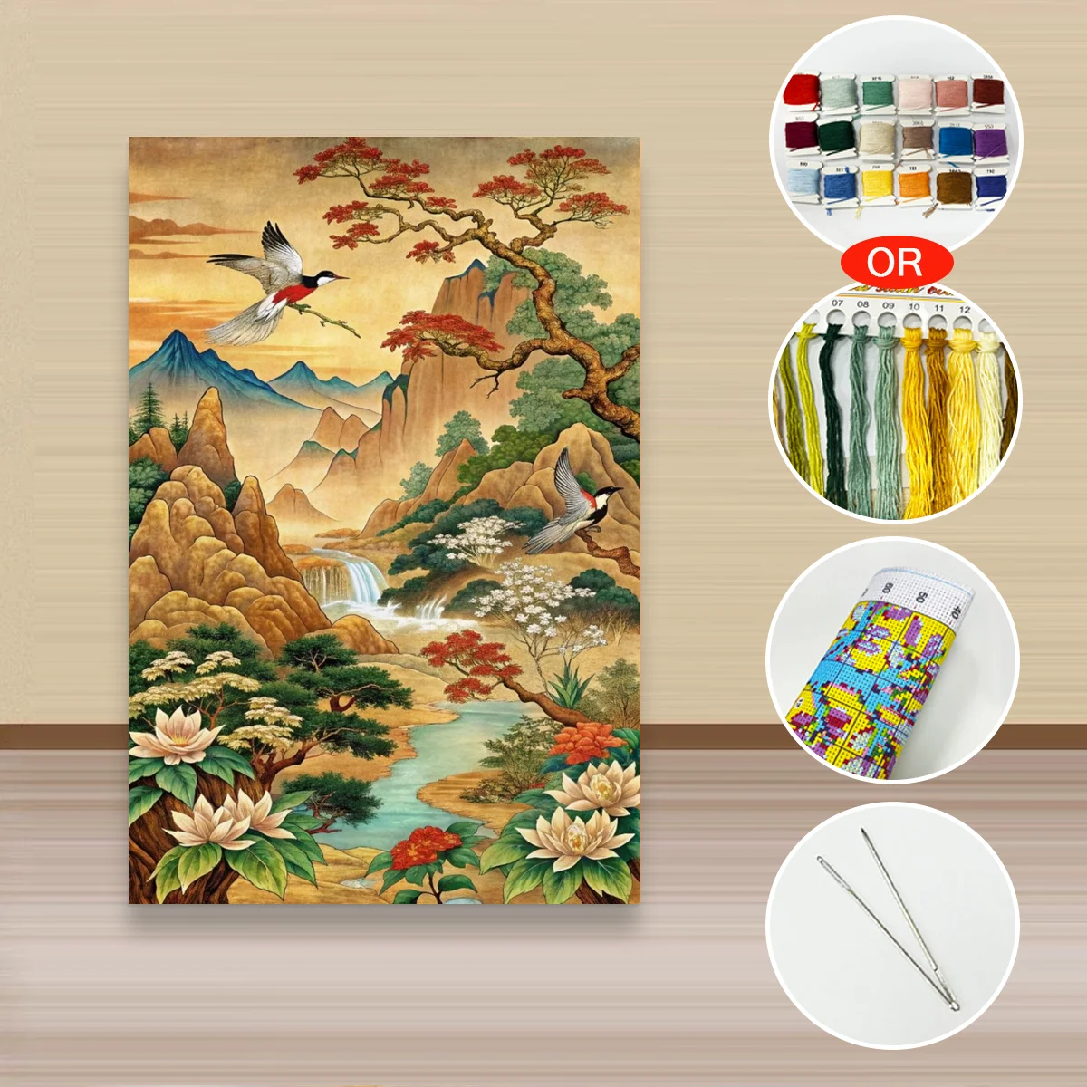 1 Stück 40x60cm/15,7x23,6 Zoll, 11Ct/14Ct Kreuzstich-Set, DIY Valentinstagsgeschenk, Stickerei-Set für Festivals, Chinesische Landschaft mit B – Detail 3