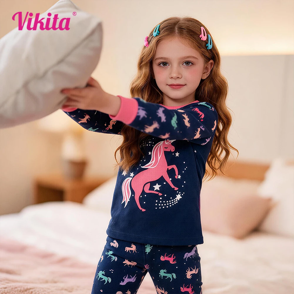 VIKITA Children Clothing Sets Kids Licorne Print Cotton Casual O Neck T Shirt and Pants 2 Pcs Suit Homewear Pajamas Kids Clothes