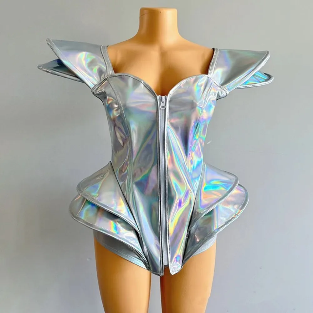 

Slivery Armor Bodysuit Sexy Gogo Dancer Nightclub Bar Performance Clothes Carnival Festival Party Drag Queen Outfit Women