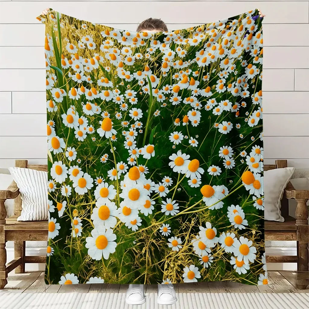 Wild Daisy Throw Blanket  White Chamomile Flowers Green Meadow Natural Floral Scenery Art Decor for Sofa Bedroom Couch Blanket