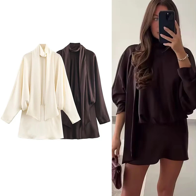 Elegante mini abito in raso per le donne Moda sciarpa colletto manica a pipistrello abito corto Lady 2025 abiti da sera chic per feste autunnali