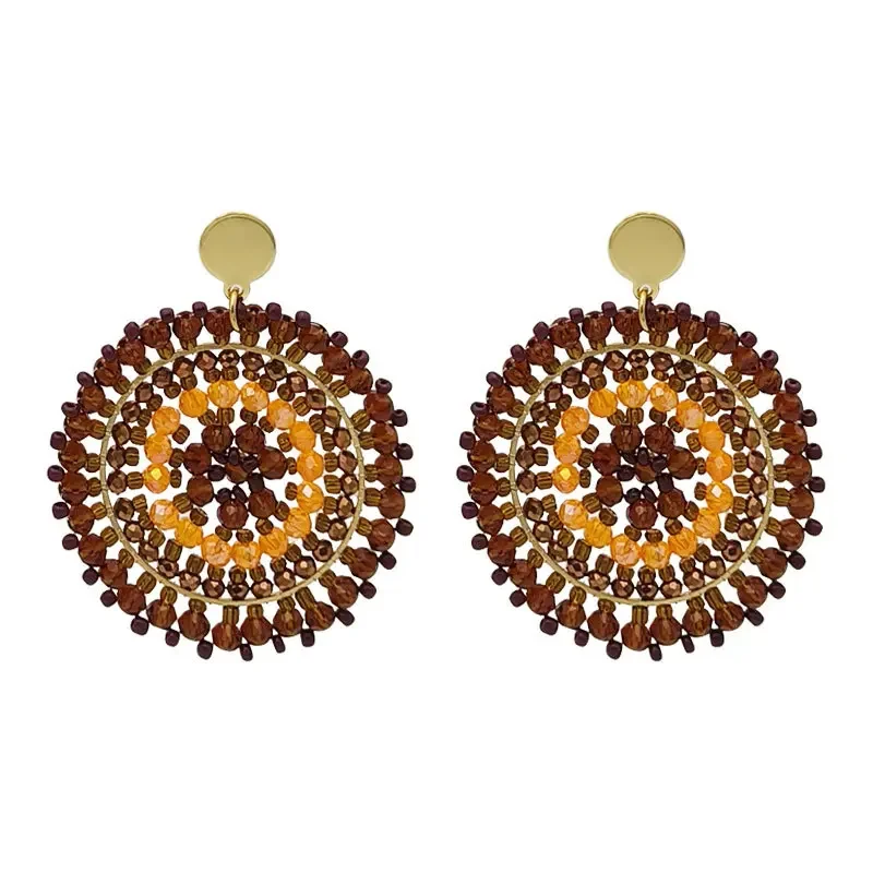 Beaded earrings Crystal Roundness Hollow out Originality Brown Hand knitting Bohemia Alloy Tide Simple Rice bead earrings