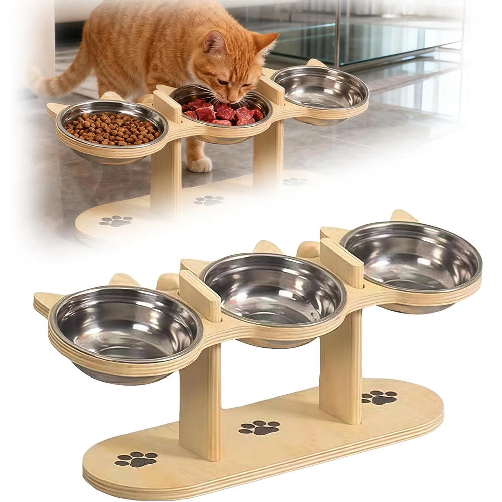Mignon support surélevé pour animaux de compagnie en bois avec oreilles de chat, 3 bols en acier inoxydable pour nourriture et eau, support d'alimentation surélevé avec décoration en forme de patte, base antidérapante, station de repas pour animaux de compagnie avec soulagement de la nuque, pour chats d'intérieur et chiens de petite taille, accessoire d'alimentation pour animaux de compagnie.