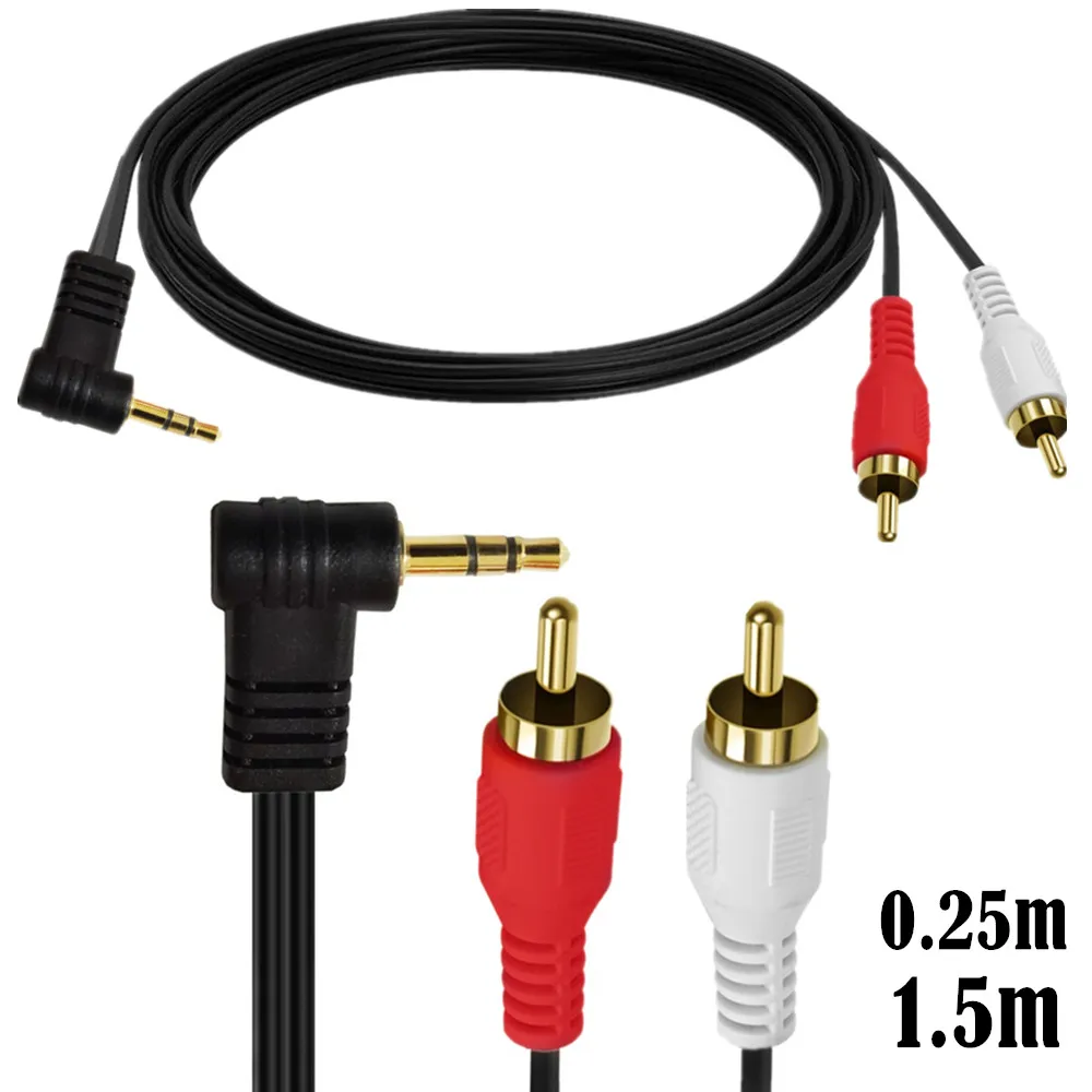 90 Degree Right-Angled 3.5mm Gold 1/8 Stereo Mini Jack Male to 2 Male RCA Adapter Audio (Male to 2 Male)，0.25m/1.5m；