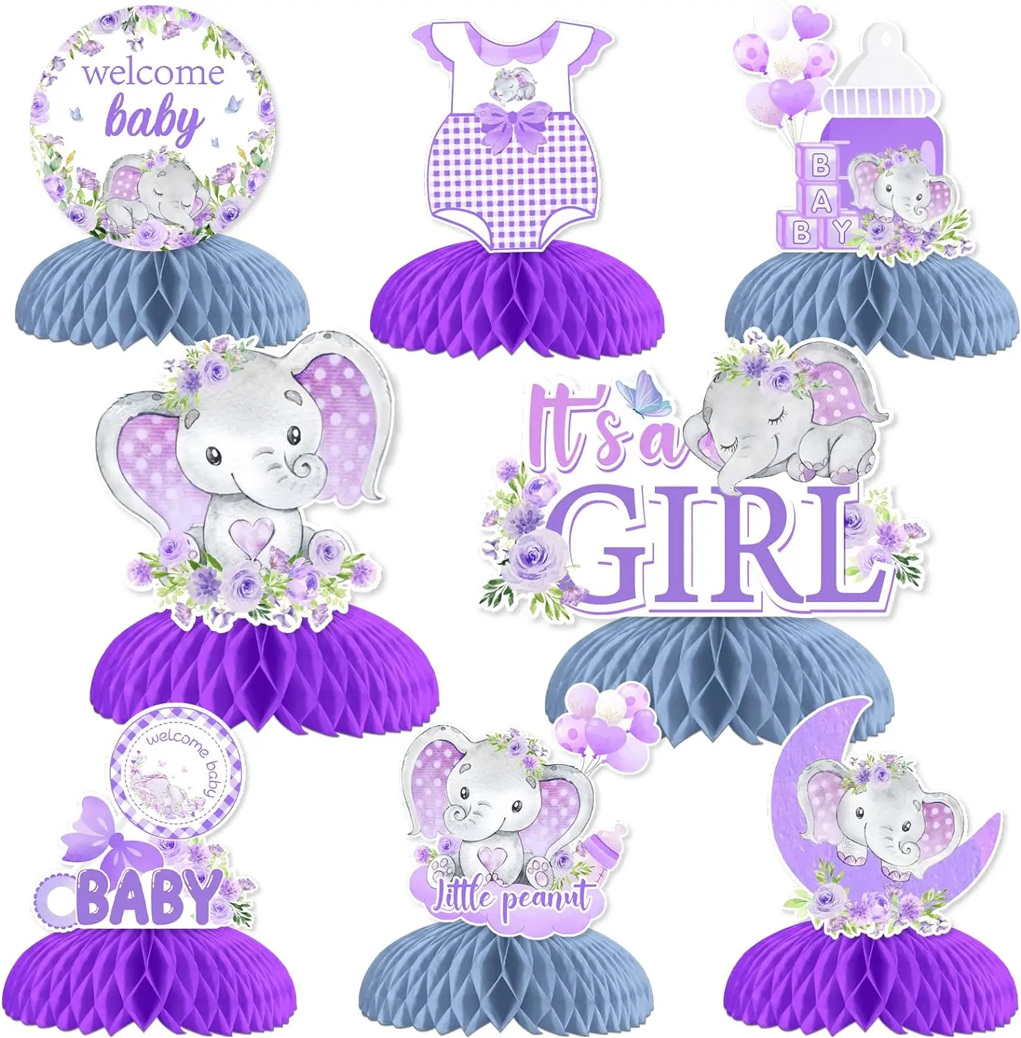 8PCS Elephant Honeycomb Centerpieces It's a Girl BabyShower Decor Welcome Baby Table Toppers Pregnancy Celebration Newborn Party