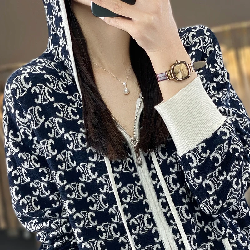 2023 Autumn New Knitted Cardigan Women\'s Long Sleeved Hooded Zippered Cardigan High Quality Printed Style Slim Knitted Cardigan