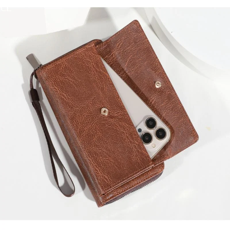 Men's PU Zipper Handbag Large Capacity Long Wallet Clutch Bag Phone Bag Multi Card Card Holder Coin Purse Wallet Double Layer