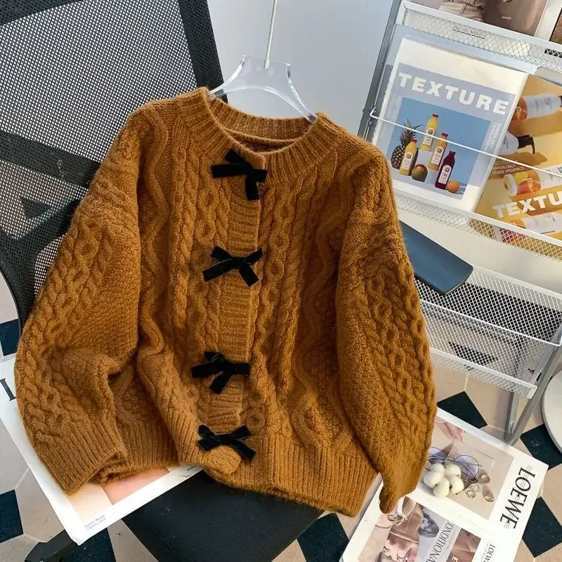 

French Elegant Knitted Cardigan Sweet Oversized Chic Sweater V-Neck Long Sleeve Bow Knitwear Jumper Cozy Fashion Aesthetic 2024