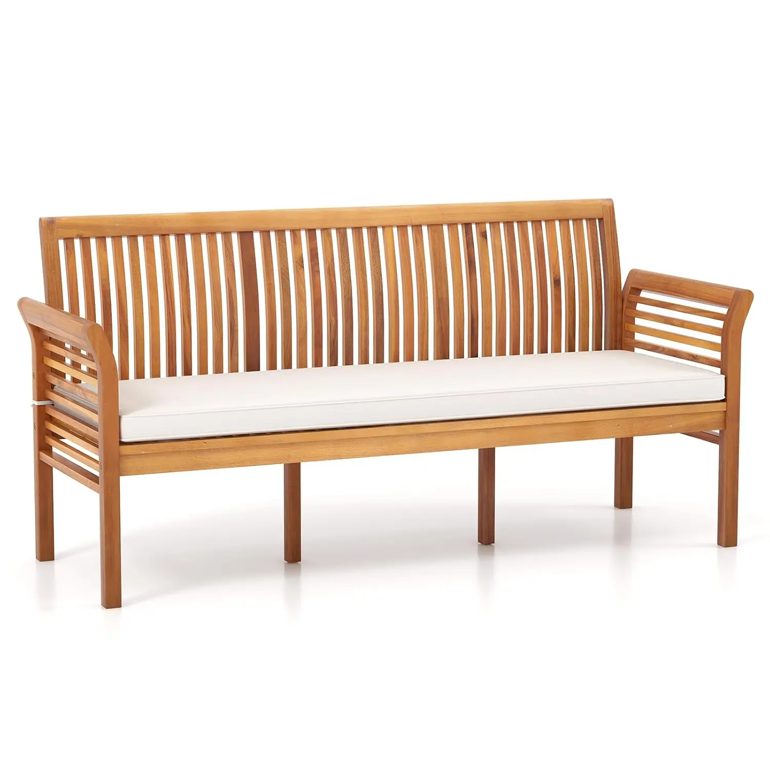 Outdoor Bench Acacia Wood 3-Person w/Backrest Armrests Removable Cushion Slatted Garden Bench Porch Park 1200 LBS, Customized