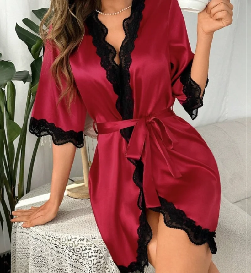 Satin lace edge see through border long robe lace up pajamas bathrobe dress for women