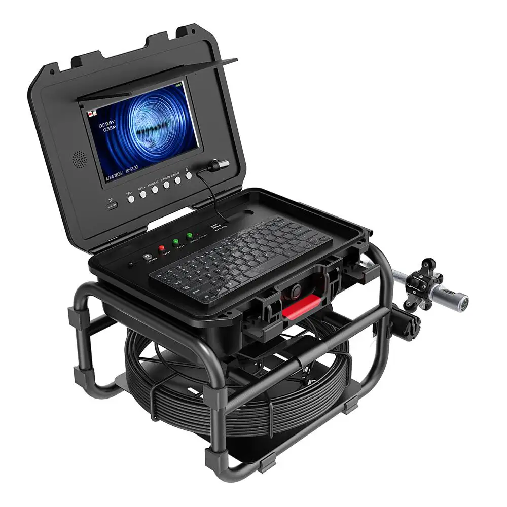 

30M Fiberglass Cable 360 Degree Sewer Camera with 9"Inch IPS 1080P Screen 512HZ Transmitter Meter Counter and Keyboard
