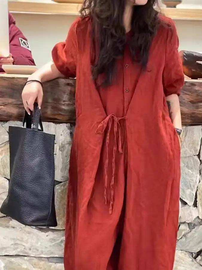 

Loose Fit Long Sve Red Dr Belted Waist Large Size Women's Daily Wear Korean Sle Faionable Long Dr