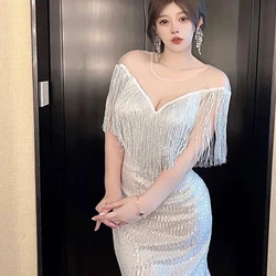 Plus Size Fashionable Sequin Dress Women Tassel Mesh Transparent O-neck Evening Dress Sexy Hollow Cocktail Party Dresses