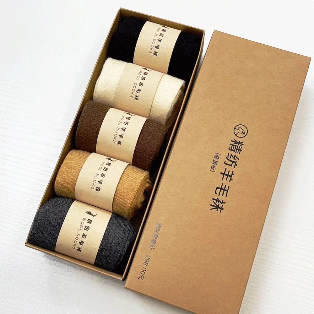 5 Pairs Autumn Winter 100% Wool Socks Knitted Mid-Calf Socks Unisex Simple Solid Color Boxed Warm Breathable Seamless Socks
