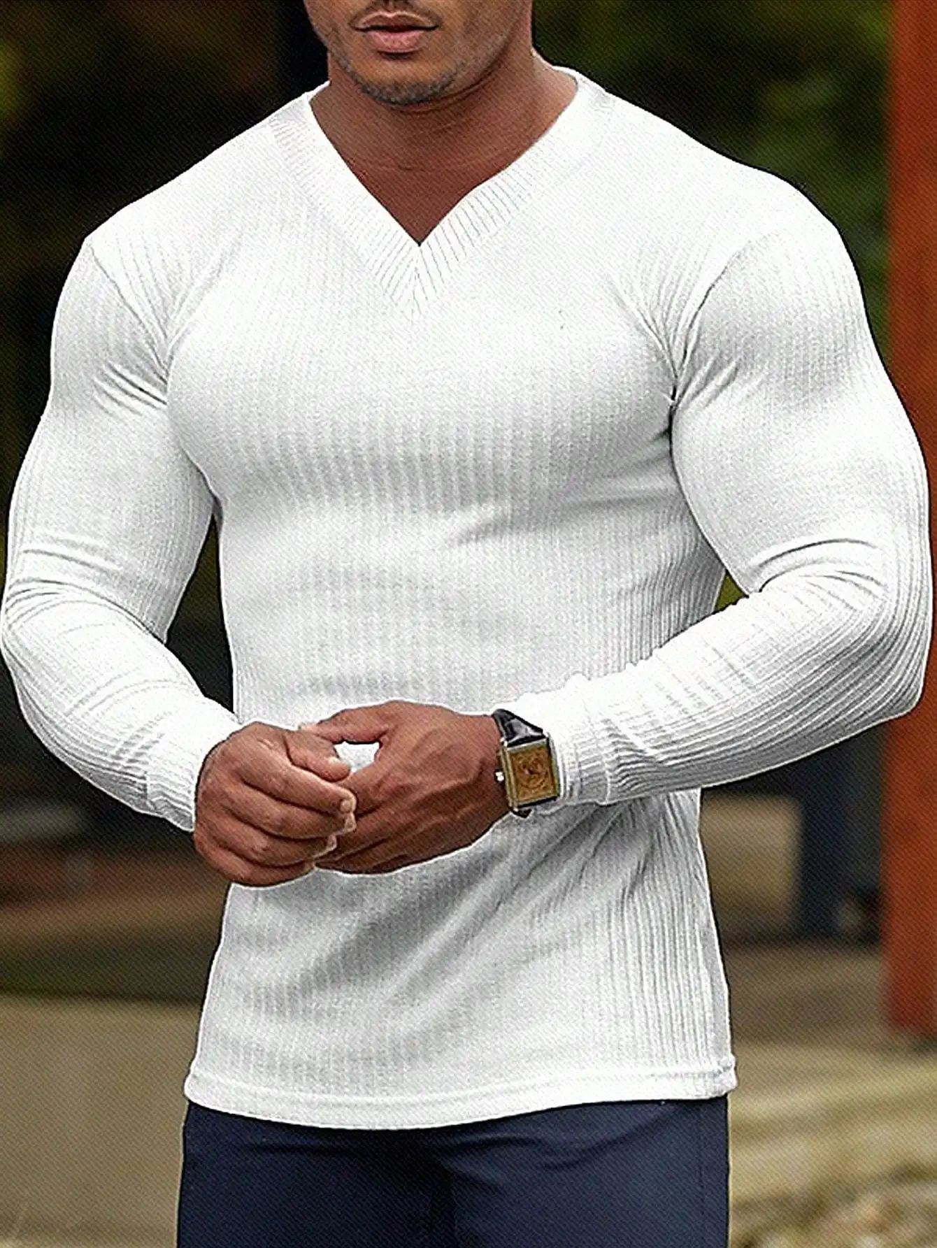 

Мужская белая футболка с V-образным вырезом и длинным рукавом из рубчатой ткани для повседневной носки