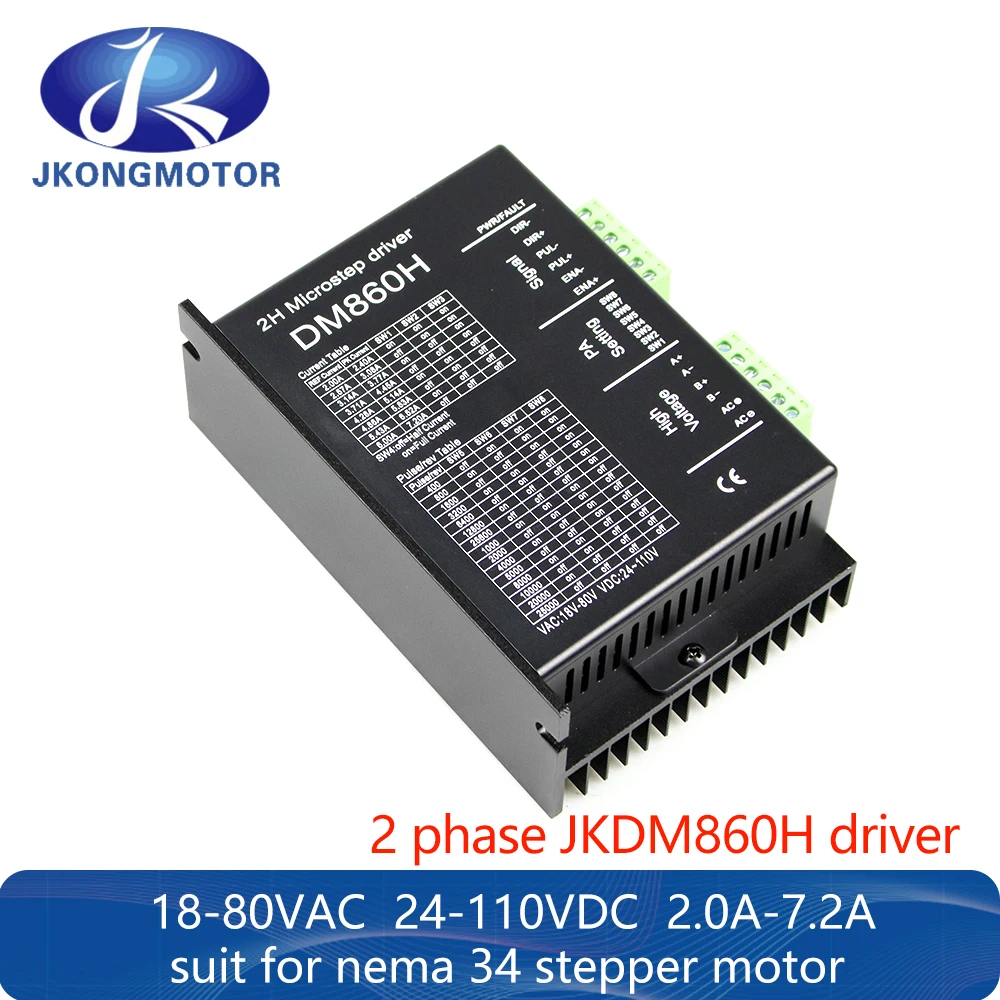 

Jkongmotor JKDM860H Nema 34 Stepper Motor Driver DM860H 18-80VAC 24-110VDC 2-7.2A for NEMA 34 Step Stepping Motor