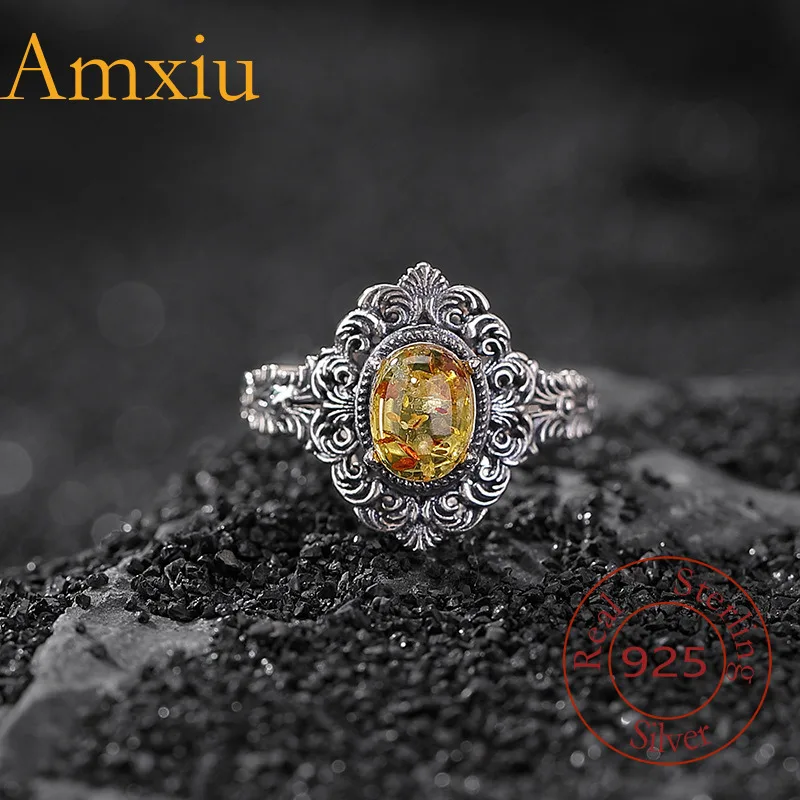 Amxiu Sterling Silver 925 Flower Amber Oval Grass Pattern Hollow Style Silver Ring