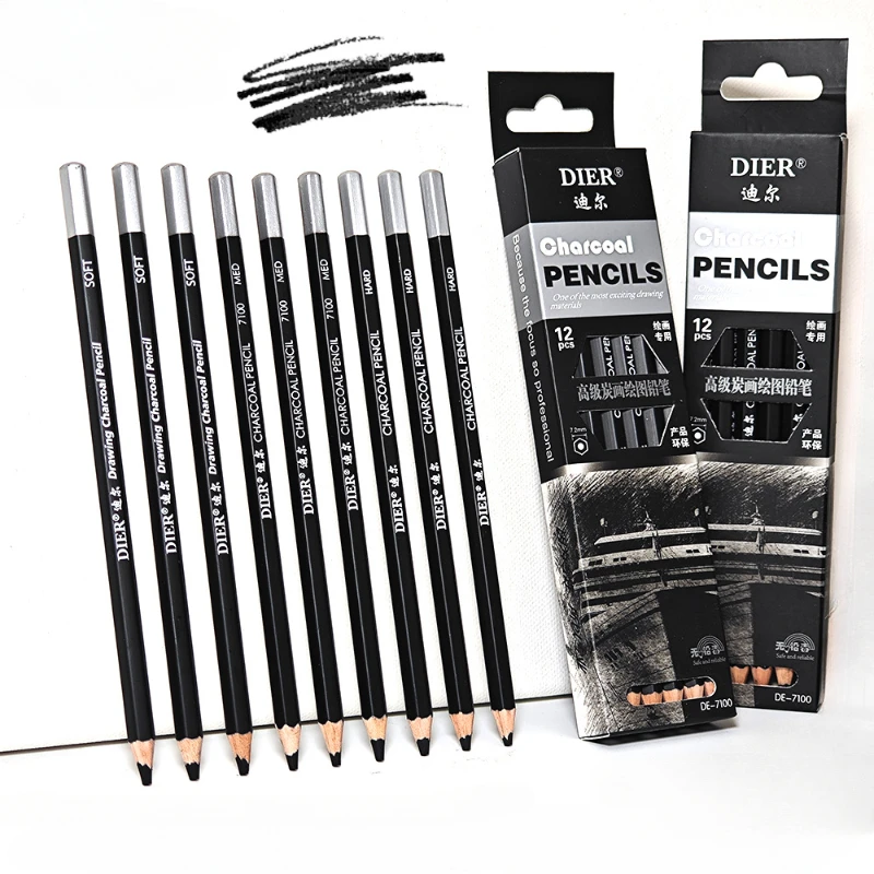 12 Pcs Soft/Medium/Hard Professional Carbonized Pencil Set Safe and Non-toxic Art Student Sketching Painting Charcoal Pencil